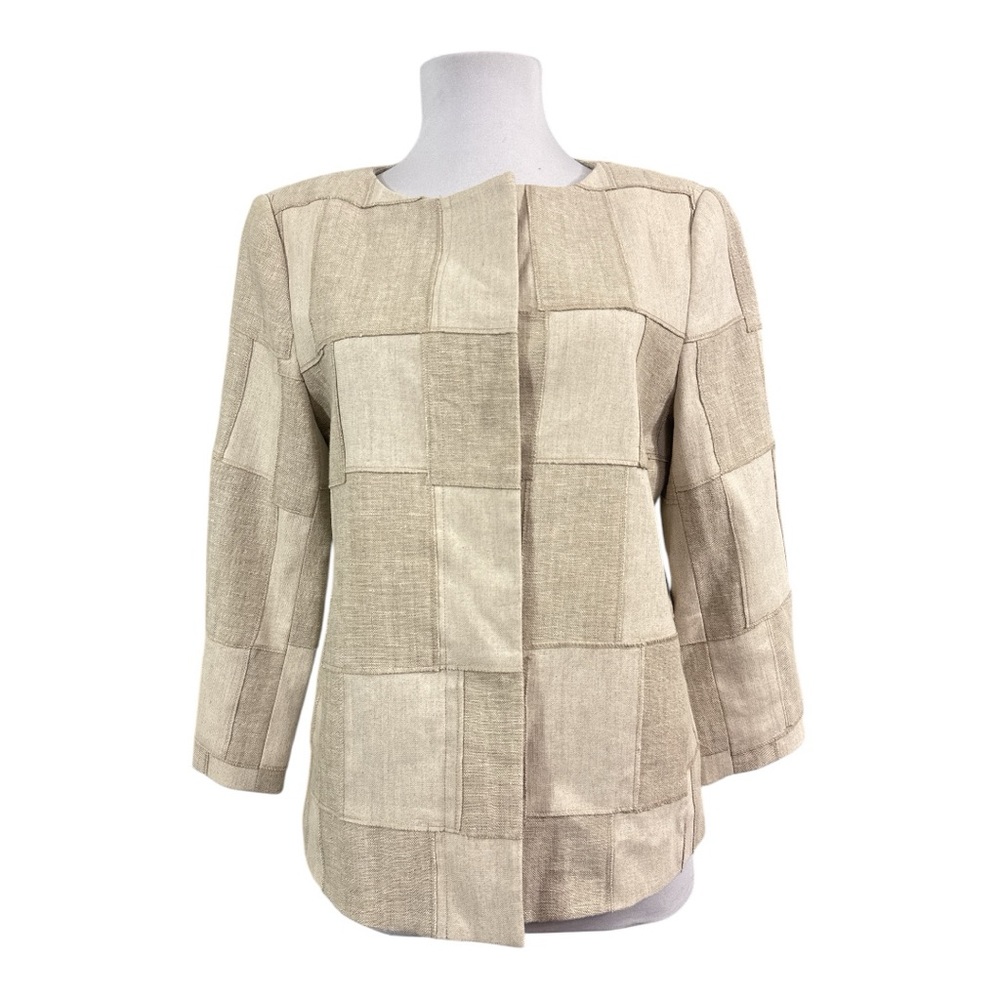 Helios & Luna Women's 6 Patchwork Blazer Linen Cotton Beige Lined 3/4 Sleeves